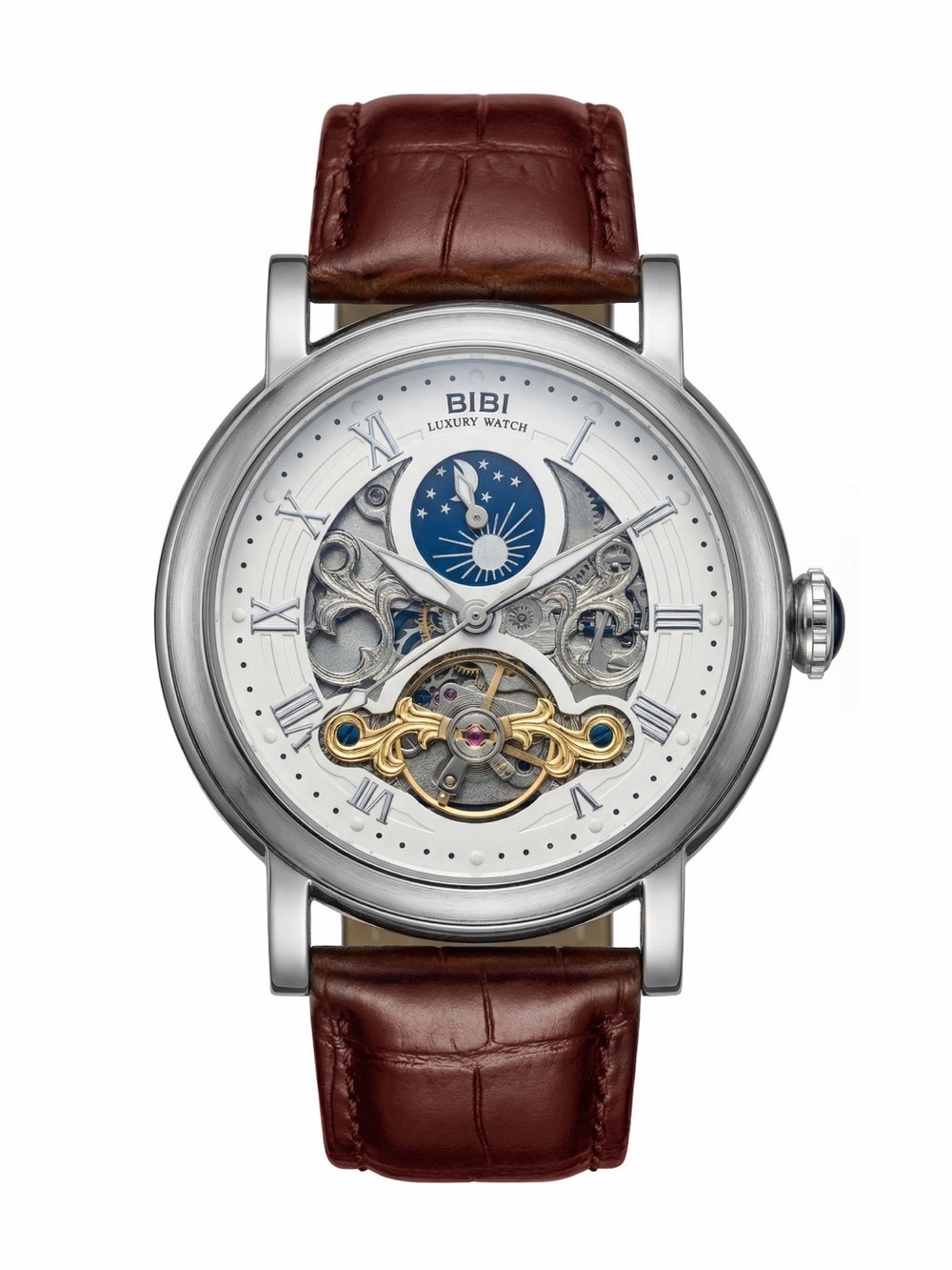 BiBi Silver Skeleton Watch with Brown Strap and Blue Moonphase